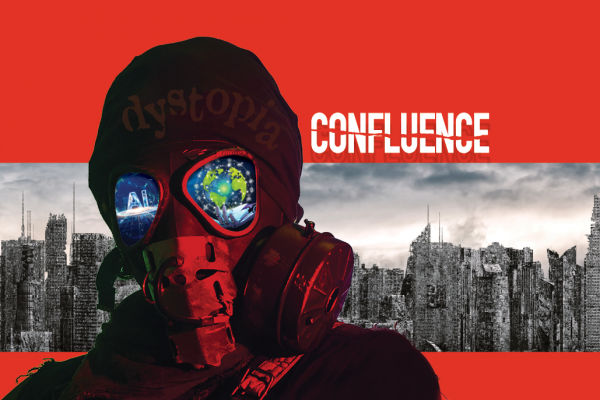 person in a gas mask with cityscape in the background