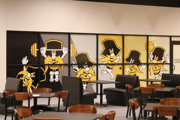 Windows with cartoon decals on them