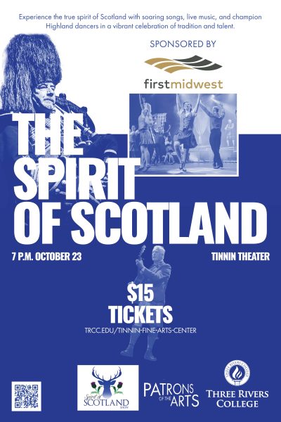 A man playing bagpipes. Theater poster for The Spirit of Scotland