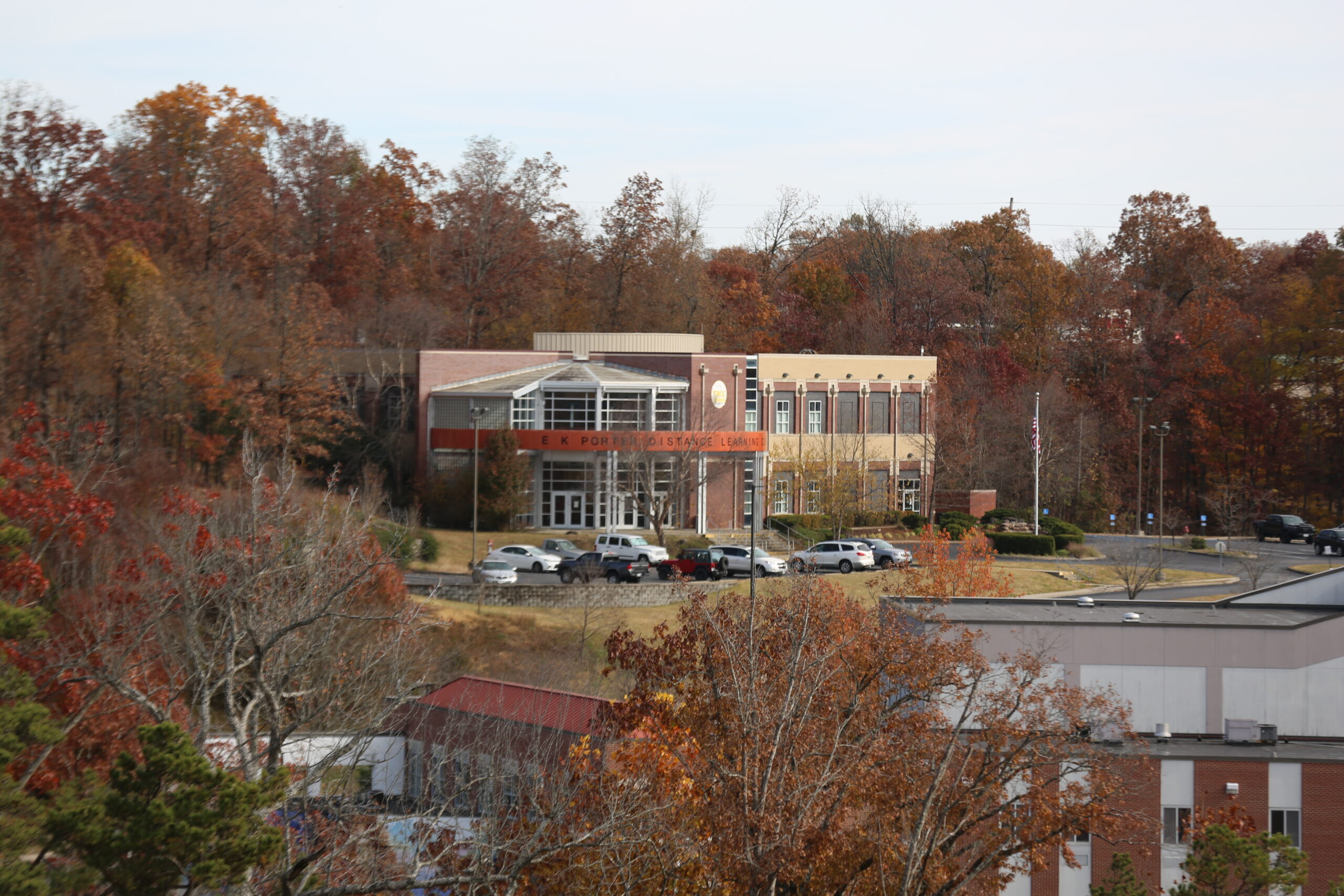 a building with a parking lot